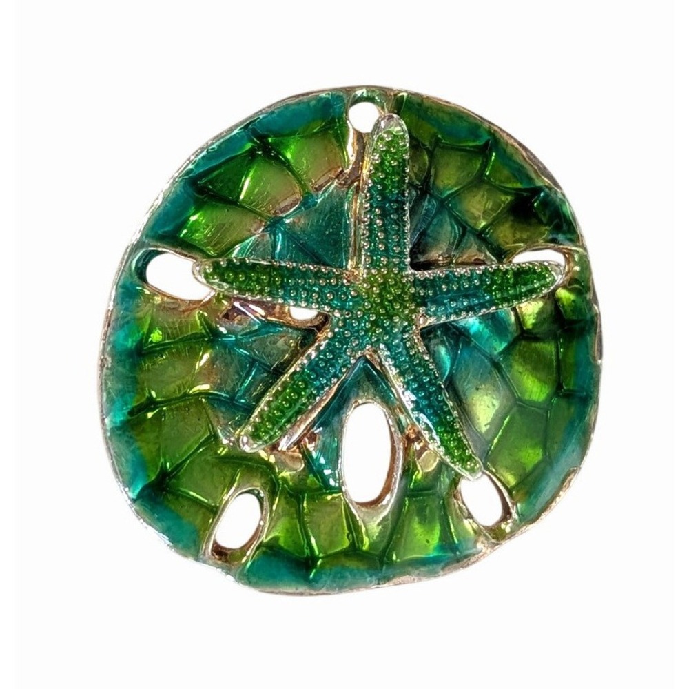Vintage Liz Claiborne Brooch Pendant Green Blue Enamel Sand Dollar Starfish